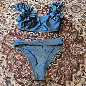 New Stylish Teal Ruffled Bikini Set. Womens Medium